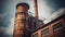 Industrial plant emits fumes from rusty smoke stack at dusk generated by AI