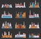 Industrial plant and factory with chimney set of icons in cartoon style. Hydro, nuclear, thermal, chemical