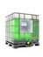 Industrial plastic container with green ethylene glycol fluid on white background