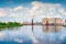 Industrial port and harbour in Szczecin with tall dock cranes and industrial machinery