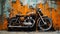 Industrial Precision: Dark Orange Motorcycle Painting Next To Mural