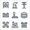 Industrial process line icons. linear set. quality vector line set such as crane, waste water, work tools, warehouse, lever, crane