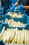Industrial processing of white asparagus vegetable on agricultural farm in Netherlands, washing, peeling, sorting and packing for