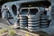 Industrial rail car wheels closeup photo. freight train wheel