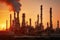 An industrial refinery at sunset, emitting smoke, surrounded by a chain link fence