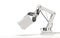 Industrial robot isolated on a white background. Robotic hand holds a white blank box. Conceptual creative image of artificial