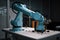 industrial robot with newly installed arm or other component, taking final test before return to production