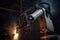 industrial robot with welding torch, performing welding repairs on damaged parts