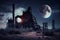 industrial ruin in desolate landscape, with moon and stars above