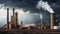 industrial scene with smokestack, silos, piles of timber and smoke against stormy sky