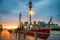 Industrial ship at the dock at sunset time in New York City