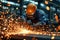 Industrial sparks fly as worker cuts metal, showcasing precision craftsmanship