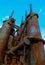 Industrial steel stacks rusted and colorful over time in Bethlehem Pa on a summer day.