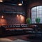 Industrial Style Interior living Room Steampunk Style Dark Neon Tube Lights Metal Pipes Large Leather Sofa Generative Ai