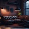 Industrial Style Interior living Room Steampunk Style Dark Neon Tube Lights Metal Pipes Large Leather Sofa Generative Ai