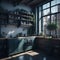 Industrial Style Interiror Kitchen Room, Large Windows Sunlight, Open Shelfs, Plants in pots, Personal Acsesories Generative Ai