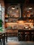 Industrial style kitchen with exposed brick and metal accents dim lighting