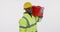 Industrial, tool box and face of construction worker with a thumbs up in studio with success. Happy, equipment and