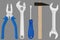 Industrial tools kit - pliers, adjustable wrench, screwdriver, hammer, spanner.