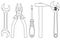 Industrial tools kit - spanner, pliers, screwdriver, hammer, adjustable wrench. Outline drawing