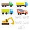 Industrial transport, simple children`s drawing for coloring. truck, dumper, wagon, excavator, concrete mixer. EPS