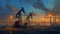 Industrial twilight landscape with oil derricks. Energy production, fossil fuels, and environmental challenge. Evening