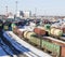 Industrial view with lot of freight railway trains waggons