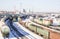 Industrial view with lot of freight railway trains waggons