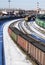 Industrial view with lot of freight railway trains waggons