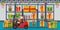 Industrial warehouse with pallet racks with gift boxes. Santa Claus driving a red forklift. Christmas campaign for cargo logistics