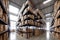 Industrial warehouse, shelving with boxes. Generative AI