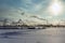 industrial winter scenery: smoke and steam from oil refinery, steel mill, and power plant on a clear sunny day. Emissions smog