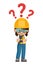 Industrial woman construction worker pensive and expressing doubt with question sign for FAQ concept. Industrial safety and