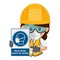 Industrial woman construction worker with a warning sign for the mandatory use of a face mask. Face mask must be worn. Industrial