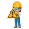 Industrial woman worker with danger sign warning. Caution pictogram and icon. Worker with personal protective equipment.