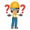 Industrial woman worker with giant question sign for FAQ concept. Industrial safety and occupational health at work