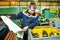 Industrial worker assembling the reduction gear box