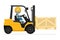 Industrial worker carefully driving a forklift. Yellow fork lift truck transporting a wooden box packaging pallet to a warehouse.