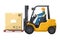 Industrial worker carefully driving a forklift. Yellow lift truck transporting a box packing pallet to a warehouse. Industrial