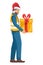Industrial worker with christmas hat carrying gift box. Security First. Cargo and shipping logistics. Industrial storage and