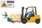 Industrial worker driving a forklift in an accident to a worker. Danger and caution sign for forklift traffic. Work accident in a