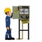 An industrial worker with electrical cabinet on white background
