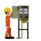 An industrial worker with electrical cabinet on white background