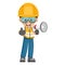 Industrial worker with thumb up making an announcement with a megaphone. Construction supervising engineer with personal