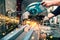 Industrial worker using a compound mitre saw with sharp blade