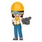 Industrial worker woman with her personal protective equipment pointing finger. Indicating with the index finger. Engineer with