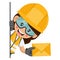 Industrial worker woman peeking out from behind a wall with letter envelope for email. Concept of communication, notification and