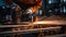 Industrial workers in a factory welding steel structure with sparks. Metalwork manufacturing