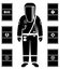 Industry concept. Black silhouette of worker in protective suit. Metal barrels for oil, biofuel, explosive, chemical