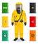 Industry concept. Detailed illustration of worker in protective suit. Metal barrels for oil, biofuel, explosive